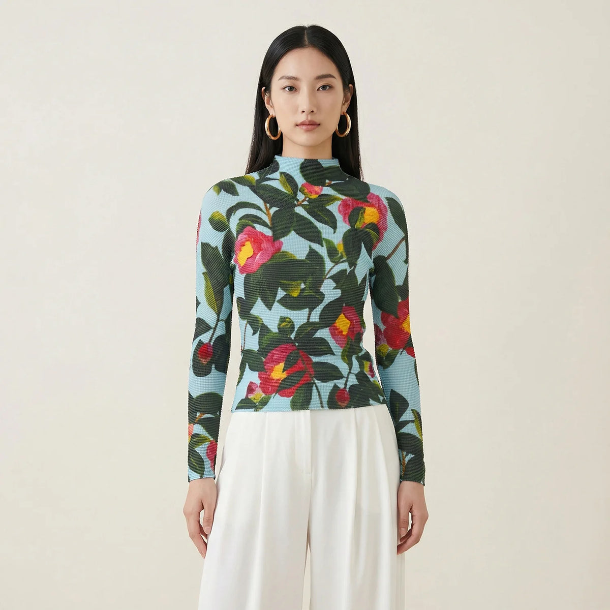 LANMREM Flower Printting Pleated Women's T-shirt High Elastic Slimming Design Stand Collar Long Sleeve Pullover Tops 2DB6574