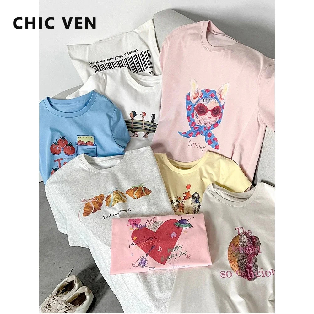CHIC VEN Fashion Women T-Shirts Cool Sunscreen Printed Short Sleeve Tees Antibacterial Quick Drying Top for Girl Summer 2025