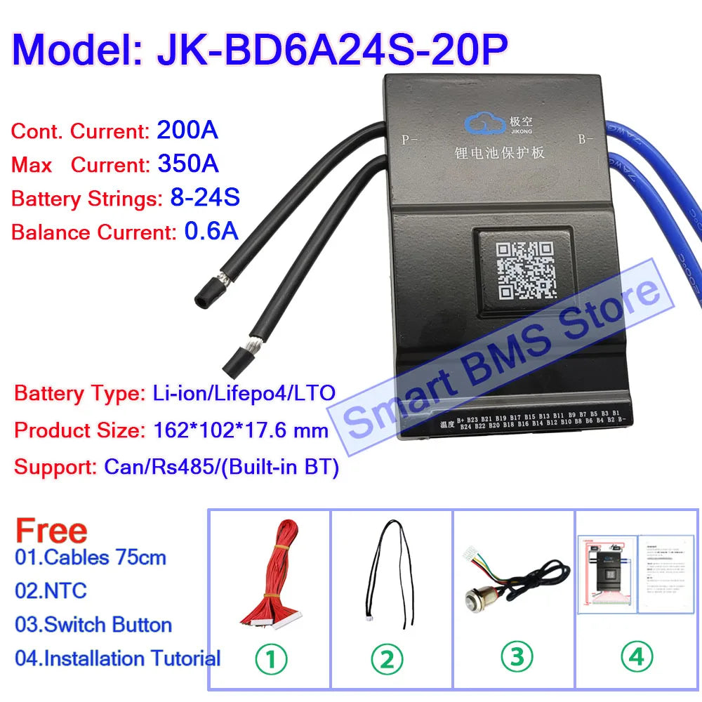 Jikong 8s 10s 13s 16s 17s 20s 24s 24v 36v 48v 72v 200a 2A Ant Jbd Smart JK BMS Lifepo4 For 50ah 60a 18650 Lithium Ion Battery