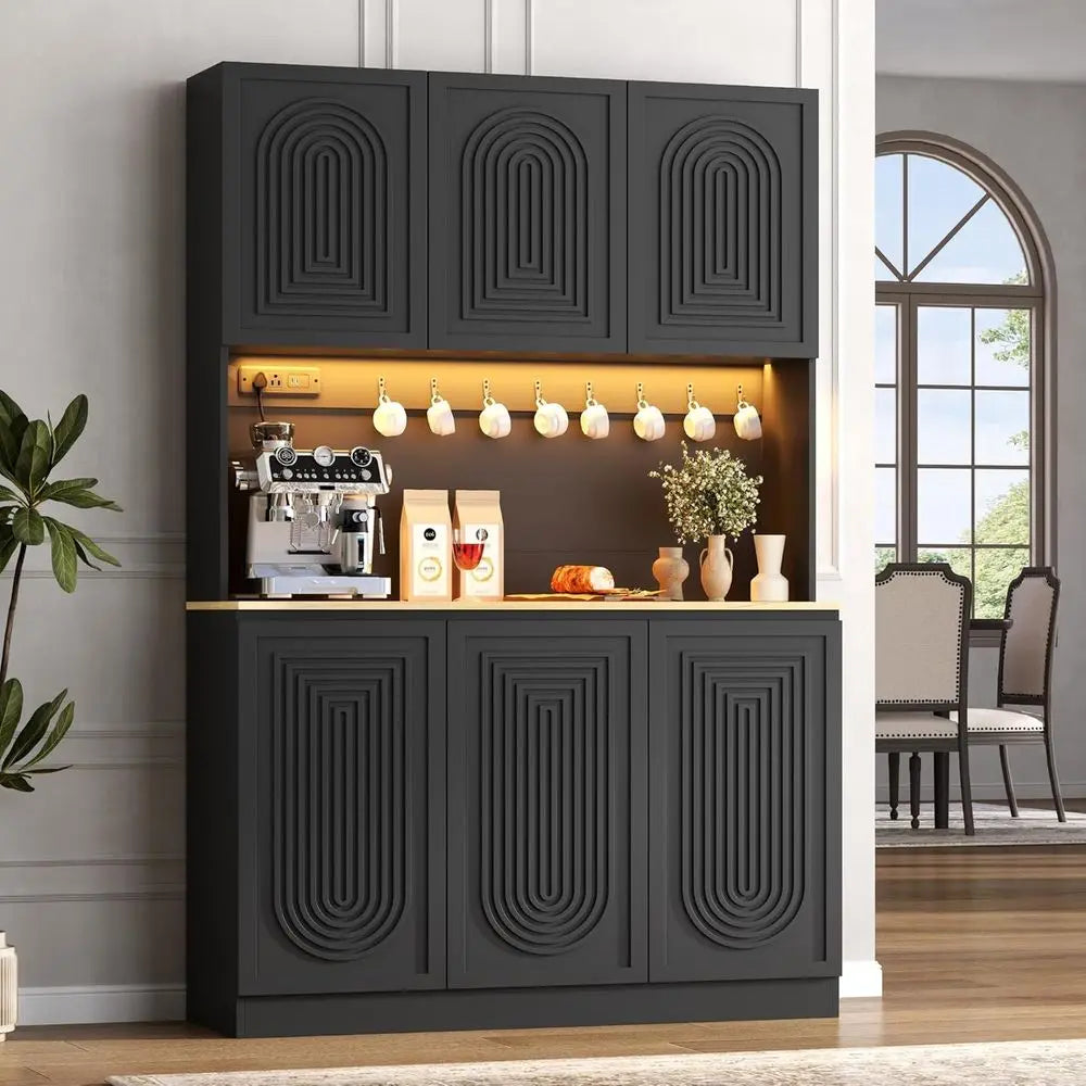 Large 71 Black Kitchen Pantry Cabinet with Adjustable Shelves, LED Light & Power Outlet, Ideal for Storage or Dining Room