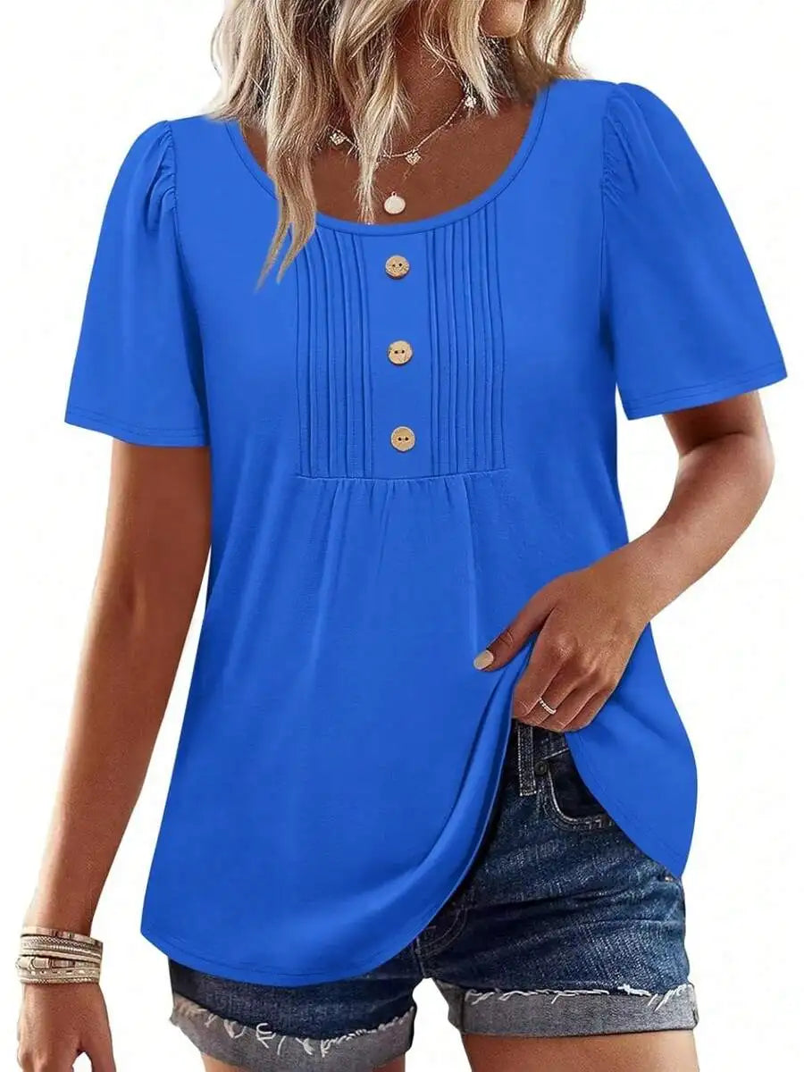 Womens Casual Short Sleeve Top With Snowflake Print Front Button Pleated Design