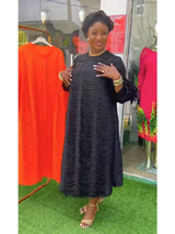 Mizhai Nail Beads Hollow Fringed Disc Pleats High-end Loose Round Neck Heavy Industry Lantern Sleeves Long Dress Women's New