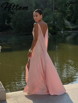 Elegant Split Women' s Dresses Solid Square Collar Backless Sleeveless Long Dress Female 2026 Spring Summer Party Evening Robes