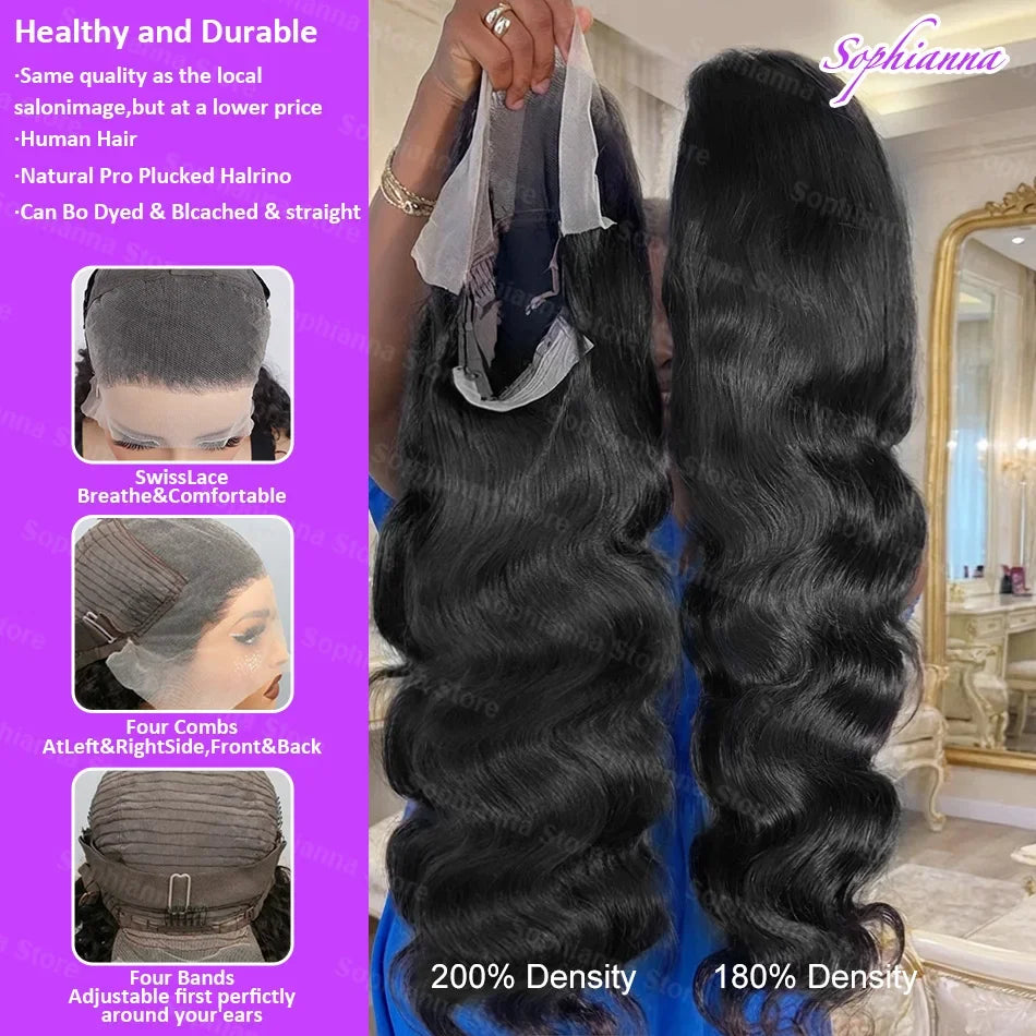 250 Density 40 42 Inch Body Wave Human Hair 13x4 HD Transparent Lace