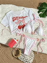 White Floral Jacquard Bikini Cherry Print Mesh Cover Ups Swimsuit Tankini Women 3 Piece Micro Thong Swimwear Korean Beach Outfit