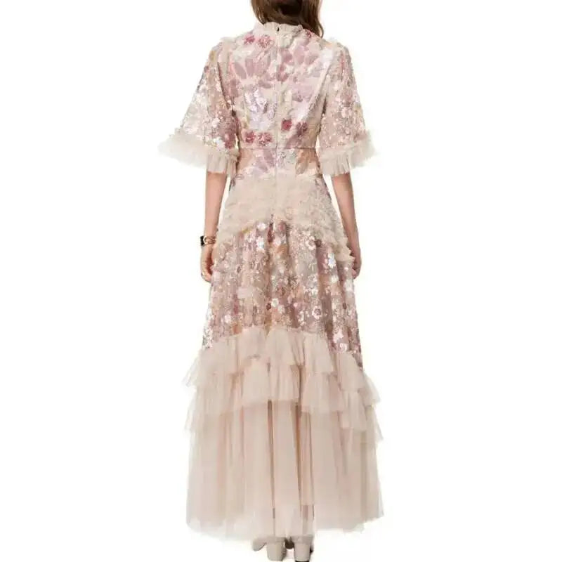 QMQA Fashion Women's Elegant Dress Embroidery Sequin Flare Sleeve Ruffle Puff Cake Dresses 2027 Summer New Female Clothing QM648
