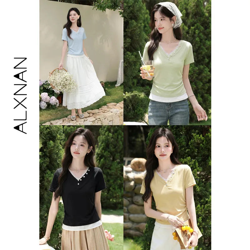 ALXNAN Women's T-shirt V-neck Lace Trim Fake Two Piece Short Sleeve Tees 2026 Summer Elegant Fashion Casual Top Ladies L65706-2
