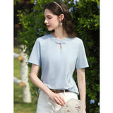I BELIEVE YOU Light Blue Bamboo Embroidery T-Shirts 2026 Summer Chinese Knot Keyhole Neck Short Sleeve Casual Top 2261016298