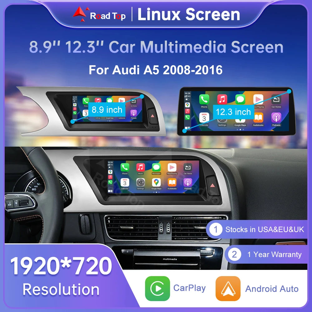 Road Top Radio Multimedia Linux Touch Screen For Audi A5 2008-2016 Wireless CarPlay Android Auto Airplay Car Player Function