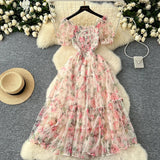 Summer Vintage French Mesh Dress for Women New Waist Cinched Slash Neck Bubble Sleeves Sweet Floral Chiffon Dress Female C146