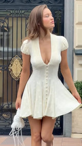 White Polka Dot Slim Women Summer Dress Solid Deep V-neck Puff Sleeves Pleated Front Button Short Dresses 2026 Lady Daily Wear