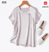 Benefits! Flowing Gem Series Basic Style Versatile Round Neck 100% Mulberry Silk Short Sleeve Silk Satin T-Shirt Top