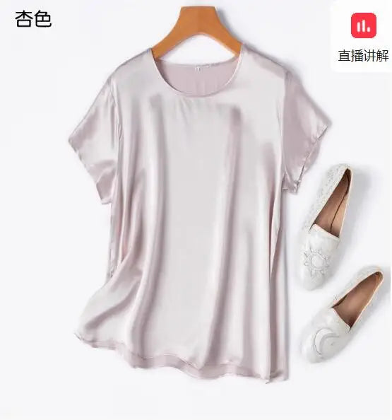 Benefits! Flowing Gem Series Basic Style Versatile Round Neck 100% Mulberry Silk Short Sleeve Silk Satin T-Shirt Top