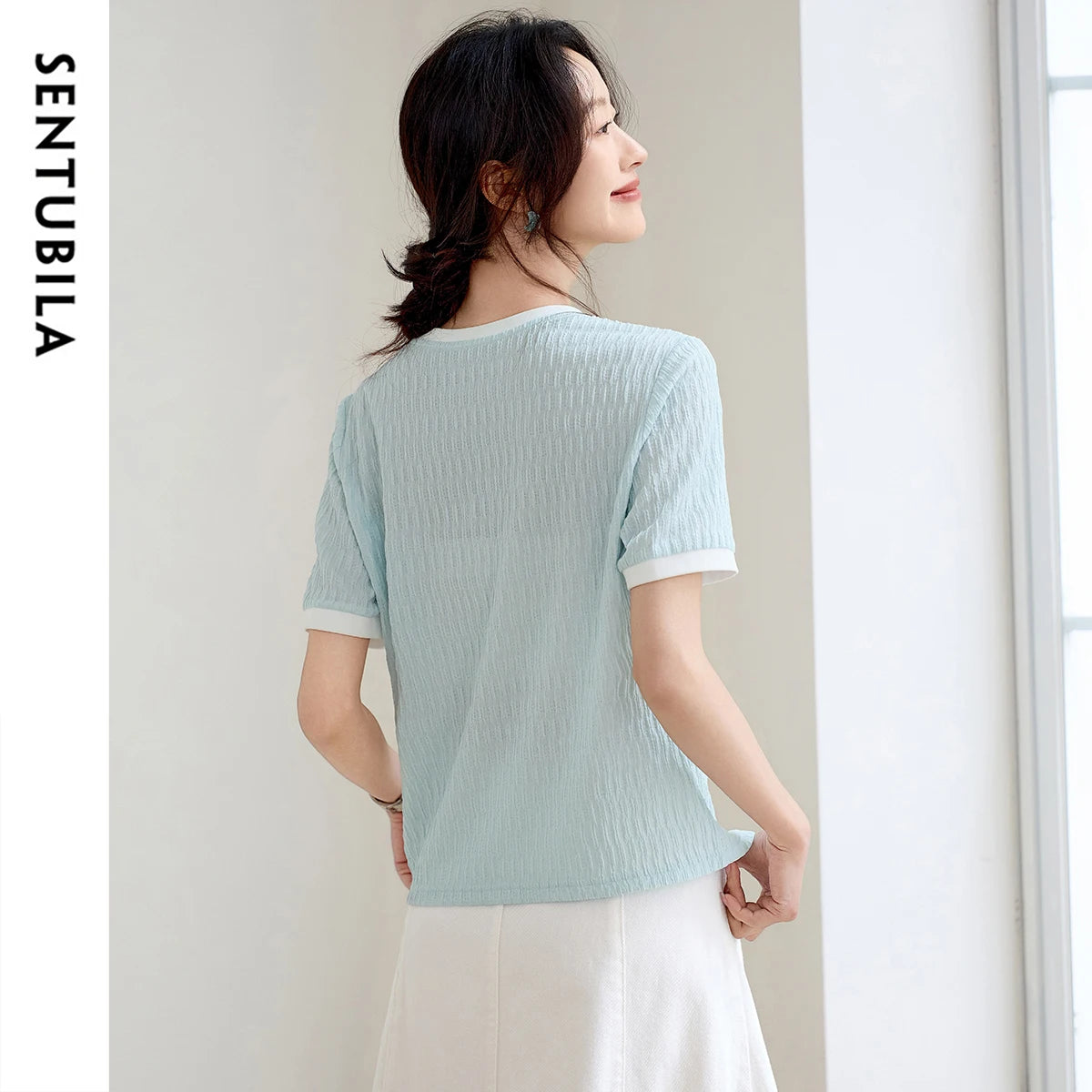 SENTUBILA Women's Short Sleeve Tee 2026 New Collection Pleated Casual Style Tops Summer Knitwear T-shirt Woman Clothes Q52TN1656