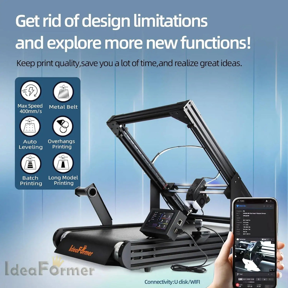 IdeaFormer IR3 V2 Conveyor Belt 3D Printer Infinite Z Axis 250x250x∞mm Core XY 400mm/s Auto Leveling Long Model Batch Printing