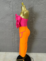 Elegant Orange Pink Strapless Bodycon Midi Dress Women Sexy 3D Floral Applique Outfit Date Night Party Costume