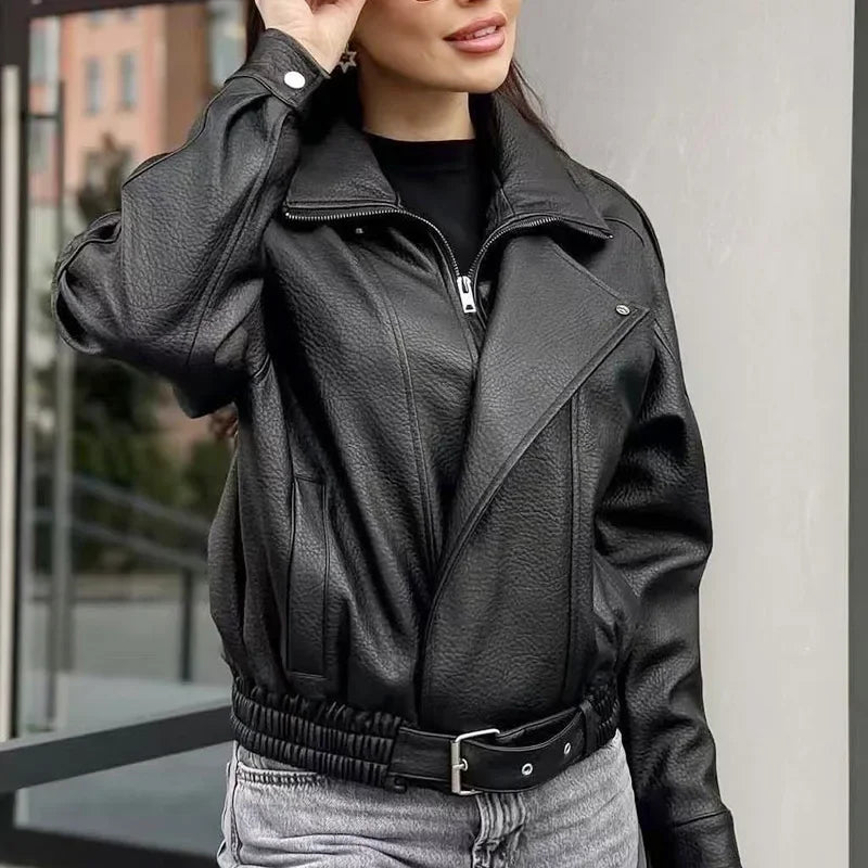 French-style women's fashion leather jacket, versatile litchi-textured vintage loose leather coat