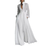 Women's Elegant Single Breasted Long Dress 2026 French High Waist Solid Pockets Pleated Maxi Evening Dress