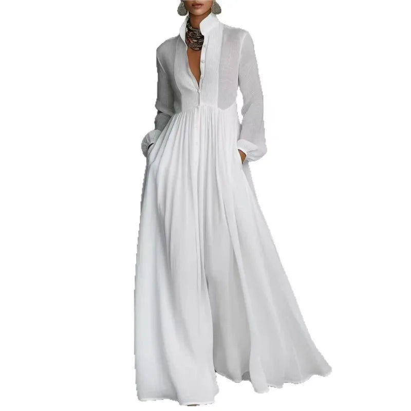 Women's Elegant Single Breasted Long Dress 2026 French High Waist Solid Pockets Pleated Maxi Evening Dress