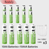 BaKKiter 1.5V AAA 6800mAh/ AA 13600mAh Rechargeable Lithium-ion Batteries Fast Charging Li-ion Battery 2000 Cycles /USB-C Cables