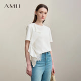 Amii Women's T-Shirt 2026 Summer New Round Neck Ruffle Hem Cotton Tee Lace Trim Short Sleeve Loose Fit Top For Women 12642012