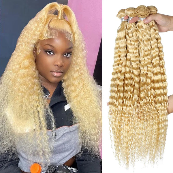 8-32 inch Deep Wave Human Hair Bundles Remy Brazilian Hair 613 Blonde