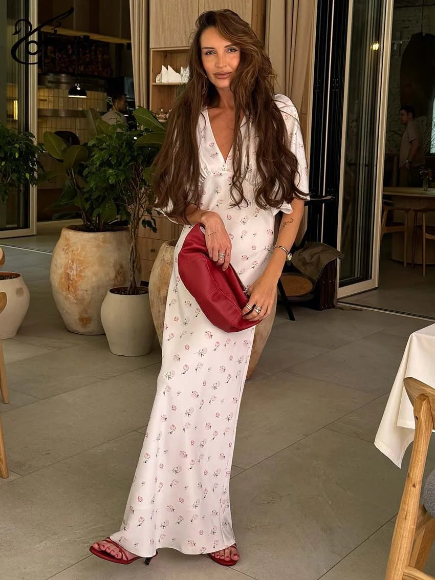 Oymimi Casual White Print Dresses For Woman Fashion V-Neck Batwing Sleeve Dresses Elegant Straight Floor-Length Dress Streetwear
