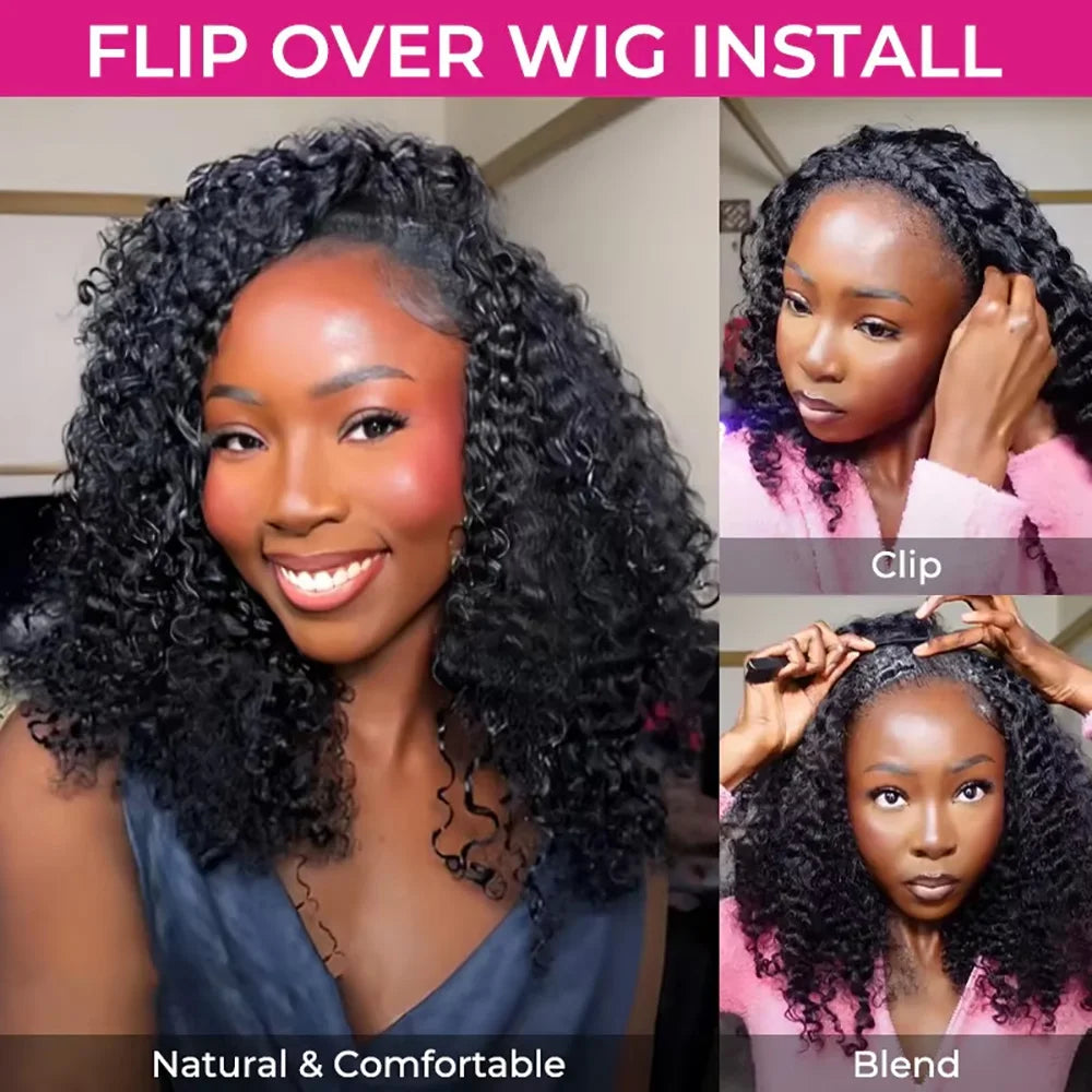 3 In 1 Human Hair Half Wig Drawstring Clip In Kinky Curly Headband Machine Wig Natural Color Seamless Natural Looking For Women