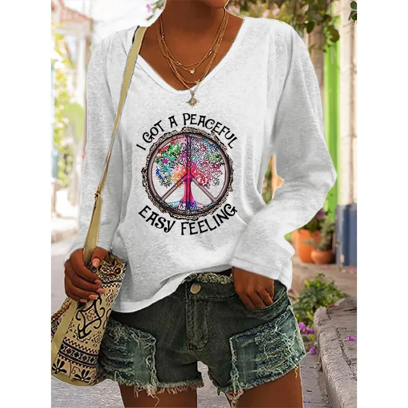 ilstile Women's Hippie Letter Print T-Shirts Retro Casual Loose Long Sleeve V Neck Tops Black Blue Green Tees Hot Sale