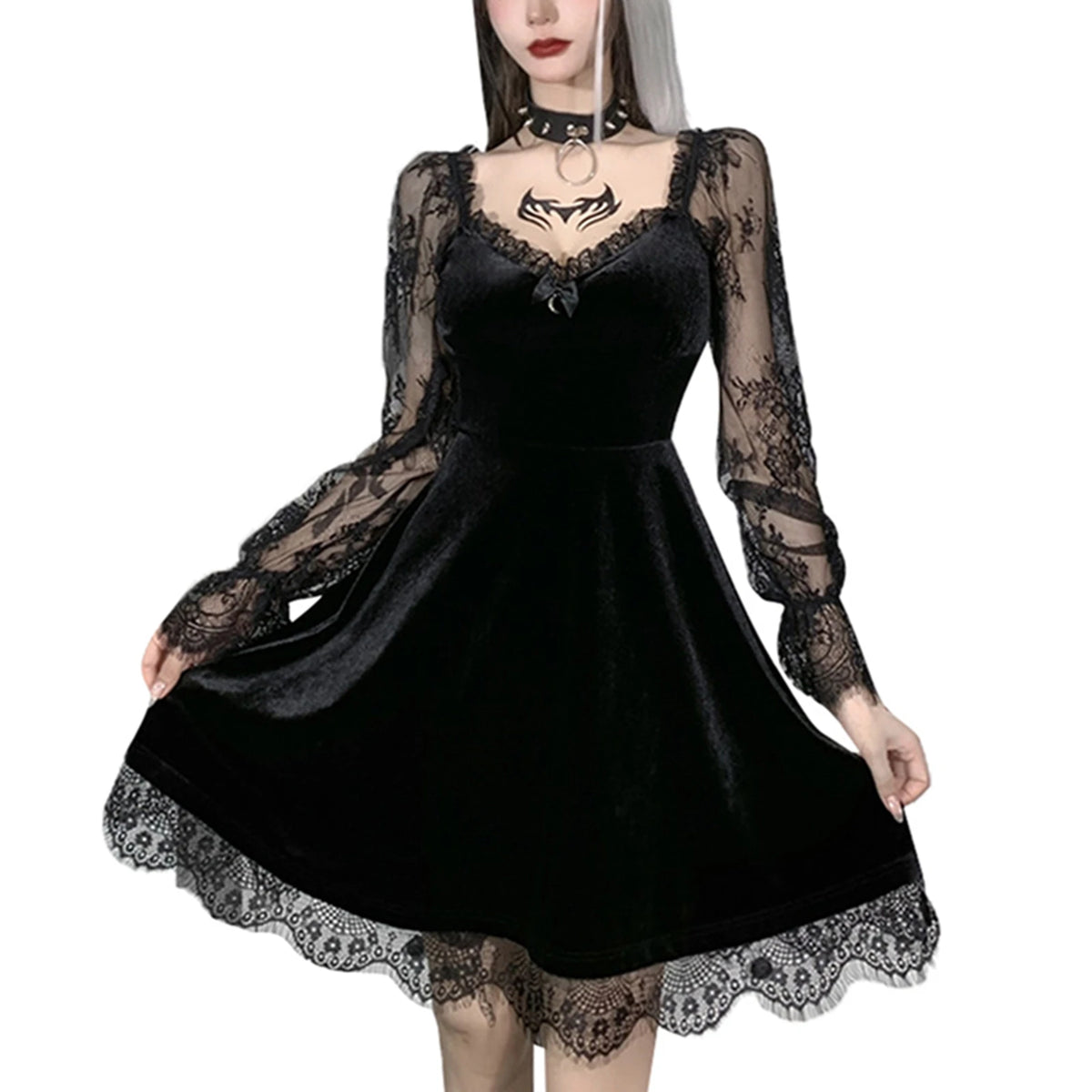 2024 New Fashion Women's Bandeau Long-sleeved Solid Color Dark Gothic Sexy Lace Stitched Dress