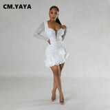 CM.YAYA Spring Women Long Sleeve Ruffles Hot Drilling Bead Short Dress Sexy Night Club Evening Birthday Mini Dresses Vestidos