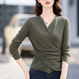 European gray long sleeved T-shirt for women's autumn new high-end fashion plus size irregular V-neck casual top