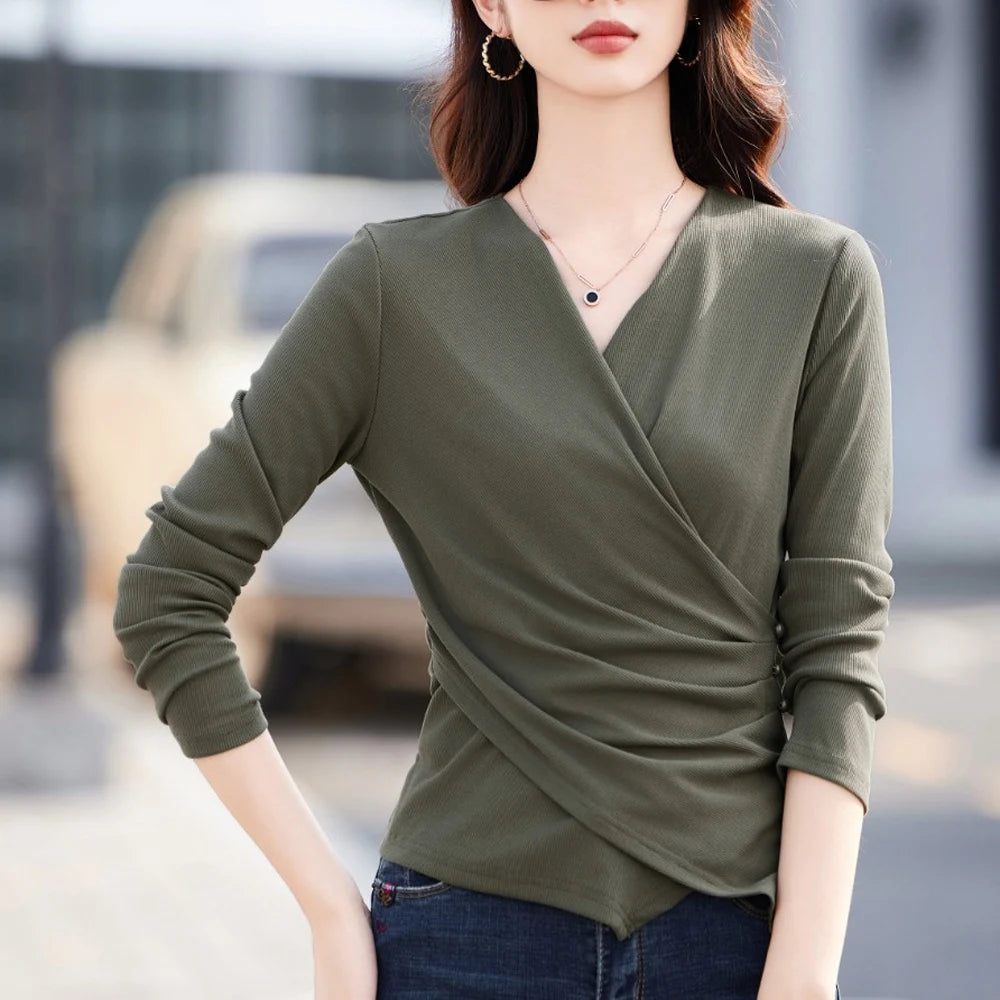European gray long sleeved T-shirt for women's autumn new high-end fashion plus size irregular V-neck casual top
