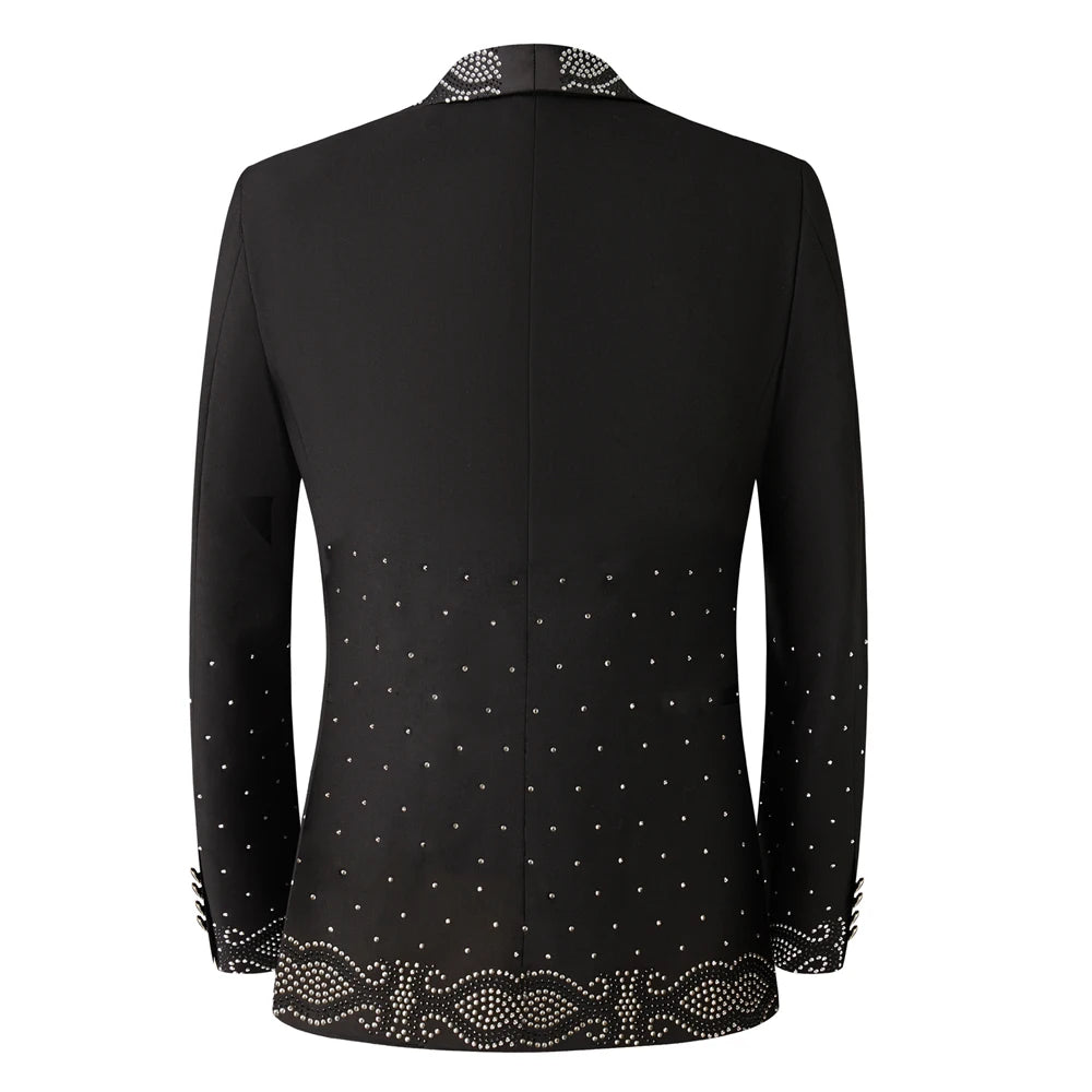 Men Black Double Breasted Tuxedo Suit 2 Pieces Silver Embroidery Rhinestone Shawl Lapel Slim Fit Jacket Pants Set Wedding Groom Blazer For Party Prom