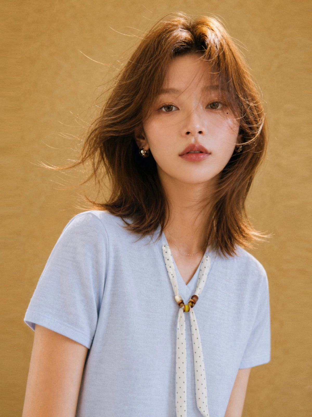 XIAOGULI French Style Women Cotton Blouse Polka Dot Ribbon Bow Short Sleeve T-shirt V-Neck Casual Soft Lightweight Daily Top
