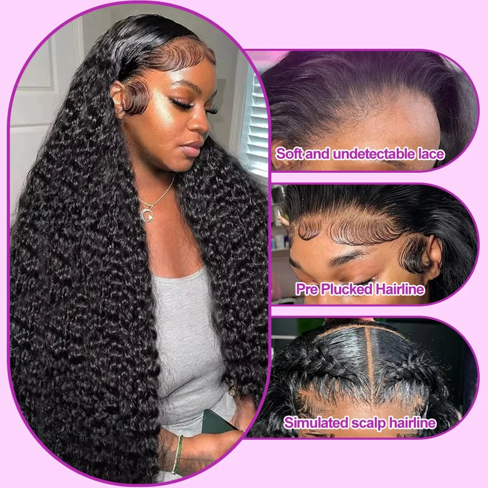 34 Inch Human Hair Water Wave Wig Natural Color 13x6 Frontal Curly Lace