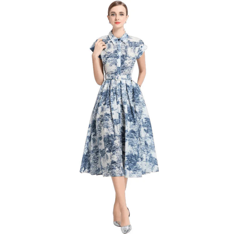 Summer 2025 New Collar Printed Short Sleeve Dress with Belt High Waist Fairy Skirt Style Cleanfit Neutral Citywalk Dress