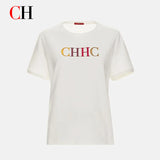 CH Women's White CHHC Letter T-Shirt Crew Neck Short Sleeve Soft Cotton Casual Daily Summer Top