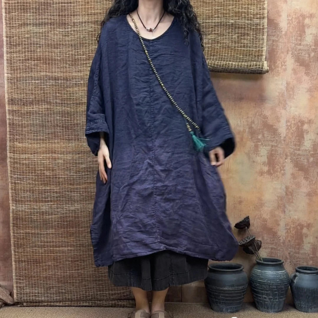 Spring Summer Arts Style Women O-neck Loose Batwing Sleeve Tee Shirt High Quality Linen Gradient Vintage Long Tops Tees T295