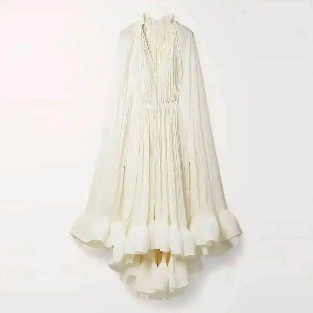 LGRQ Trendy Ruffles Irregular Dresses Women's Cloak Sleeves Spliced Lace Loose Pleat Dress Luxury Female Tide Summer New 19J4498