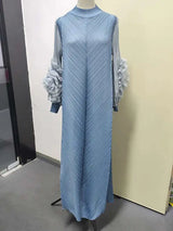 LANMREM Maxi Pleated Dress Round Neck Spliced Fungus Full Sleeve Dresses For Women 2025 New Spring Clothing 2Qa1331