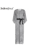 TWOTWINSTYLE Solid Patchwork Pearls Elegant Dresses For Women O Neck Long Sleeve Spliced Bowknot Midi Slimming Dress Female New