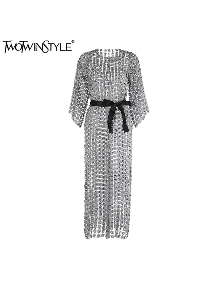 TWOTWINSTYLE Solid Patchwork Pearls Elegant Dresses For Women O Neck Long Sleeve Spliced Bowknot Midi Slimming Dress Female New