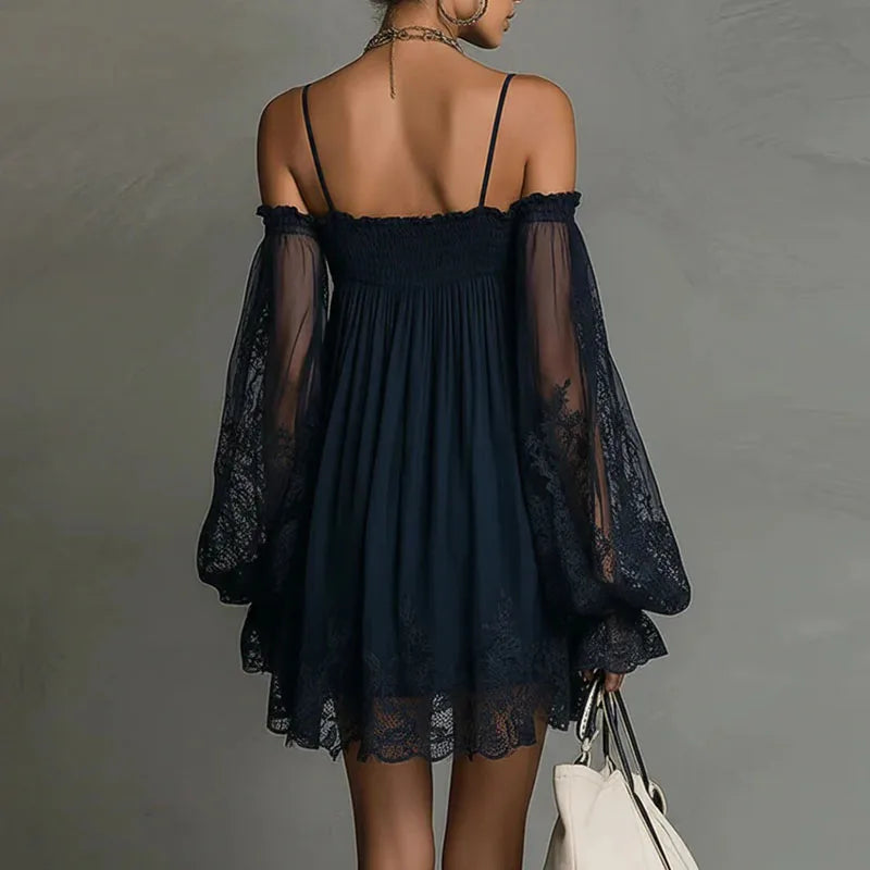 Boho Spring Off Shoulder Hollow Lace Dress Woman Elegant Puff Sleeve Ruffle Party Dresses Summer A-line Casual Holiday Mini Robe