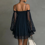 Boho Spring Off Shoulder Hollow Lace Dress Woman Elegant Puff Sleeve Ruffle Party Dresses Summer A-line Casual Holiday Mini Robe