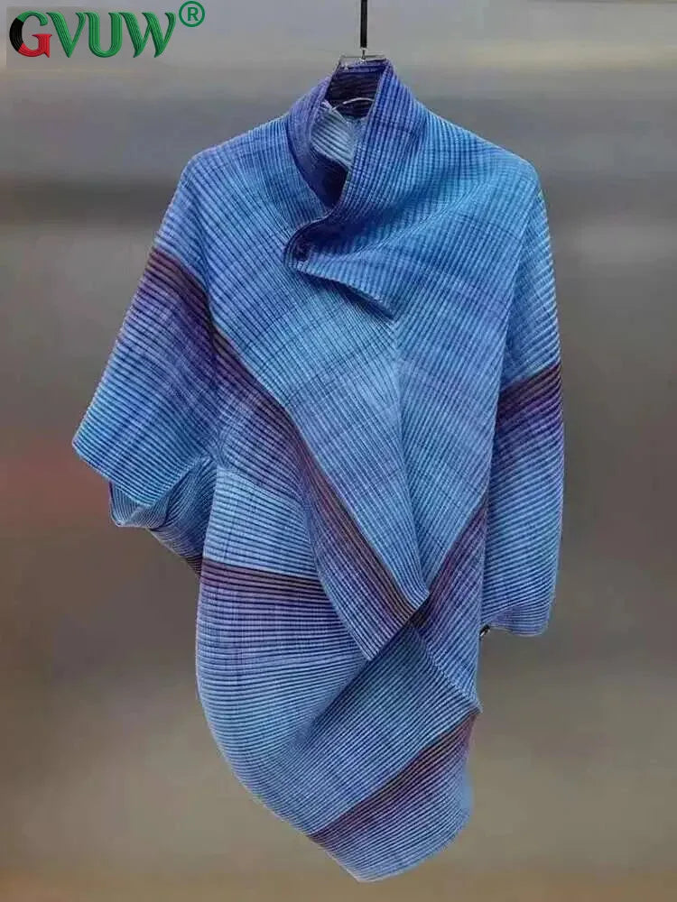 GVUW Pleated Color Block Irregular T Shirt Women Lapel Batwing Sleeve Loose Fashion Chic Style New 2025 Female Tops 17G9499