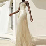 Fashion Backless Slim Fit Evening Gown Shiny Sequined High Waist Women Long Dress Sexy Wrap Chest Sleeveless Hollow Tassel Dress
