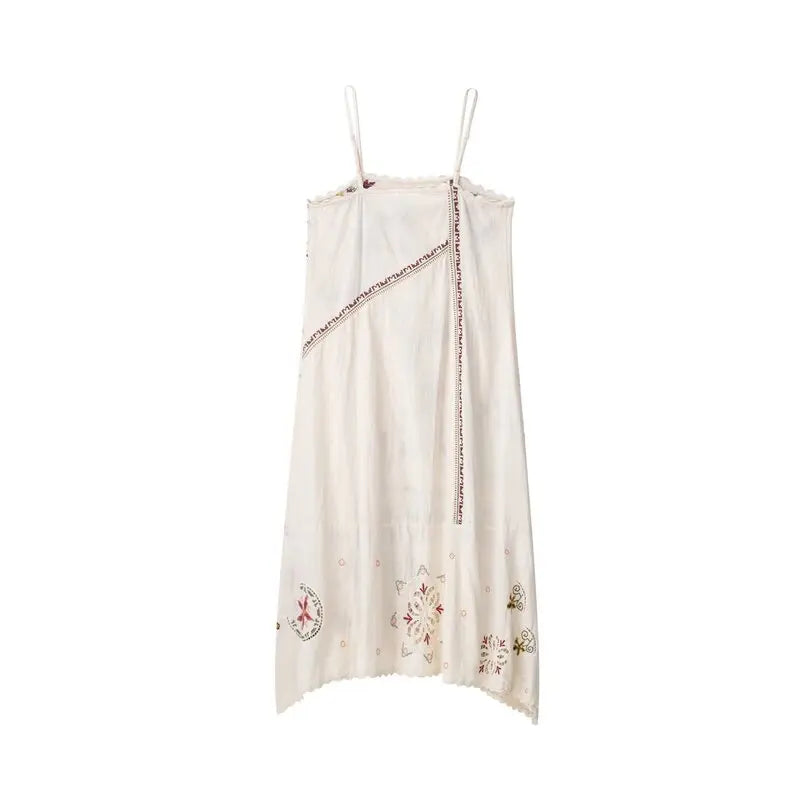 Summer 2025 New Arrival Long Asymmetric Embroidered Strap Dr Women's Faion Loose Waist No Sve Print Design