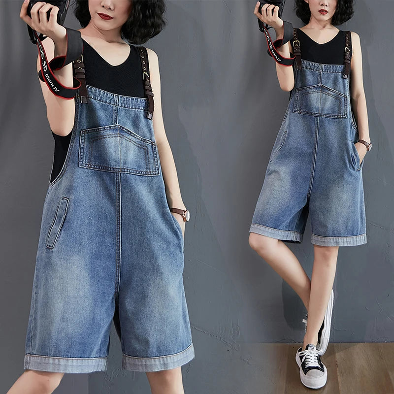 Anti-Aging High Waist Denim Overalls Women's Korean Sle Summer New Slimming Strap Jumpsuit Wide Leg orts Trendy