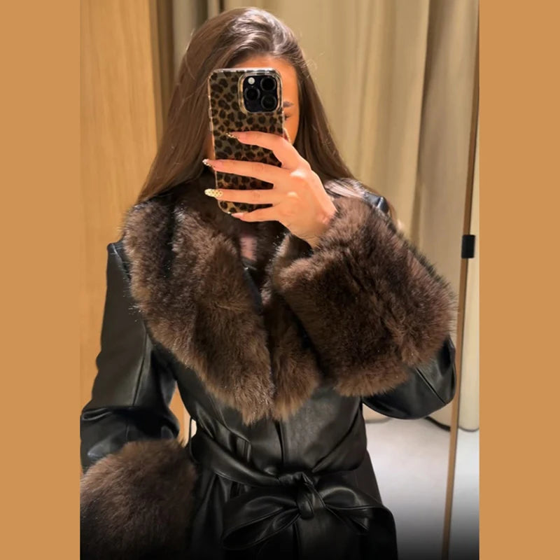 Women Long Coat Faux Fur Collar Cuffs Belted Waist Elegant Winter Outerwear Single Breasted Maxi Overcoat For Women Streetwear